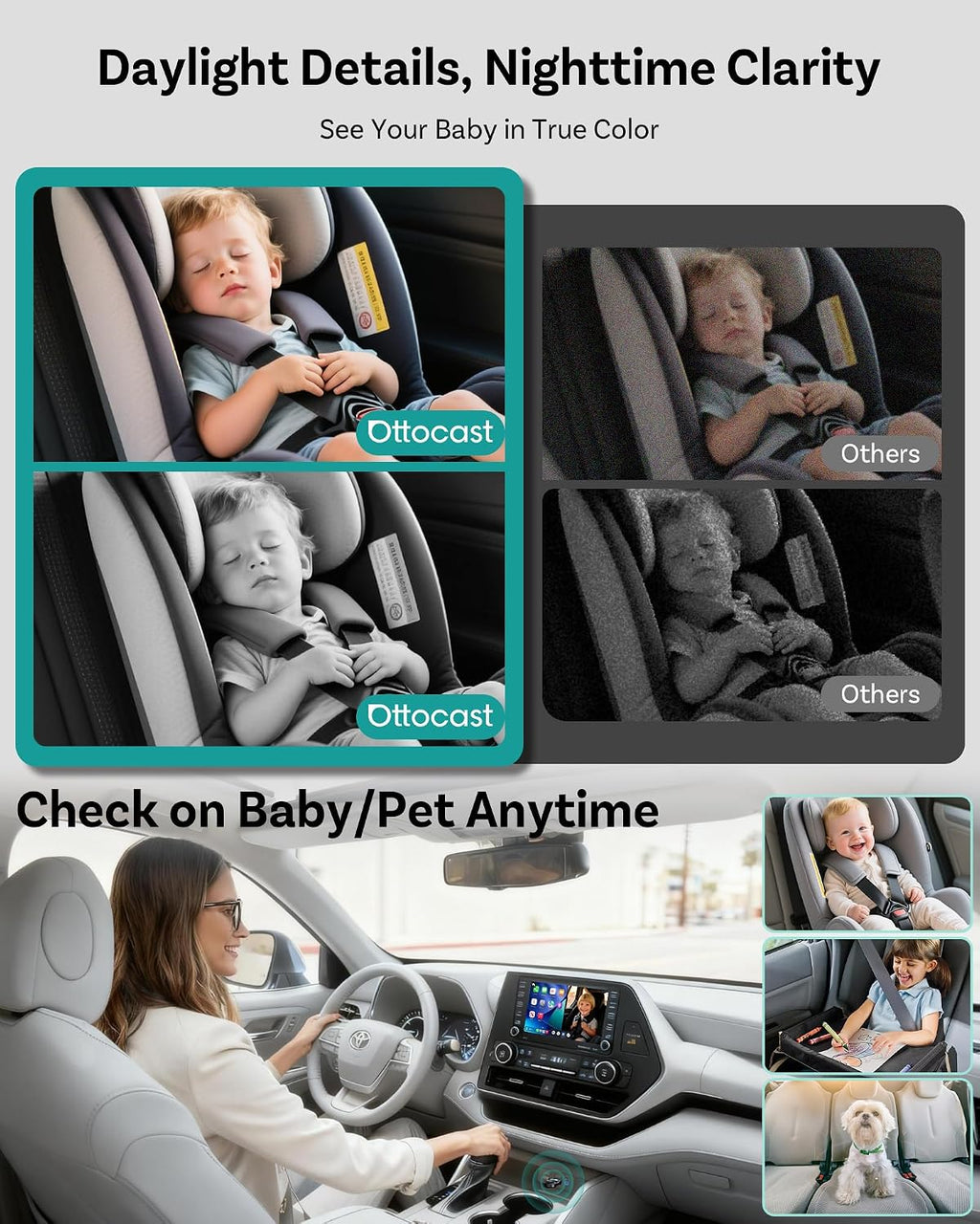 OTTOCAST Cabin Care Baby Car Camera with Wireless CarPlay Adapter, 1080P HD Baby Monitor with IR Night Vision, 150° Wide Angle, Real-Time Rear Seat View On Car Screen, Easy Install