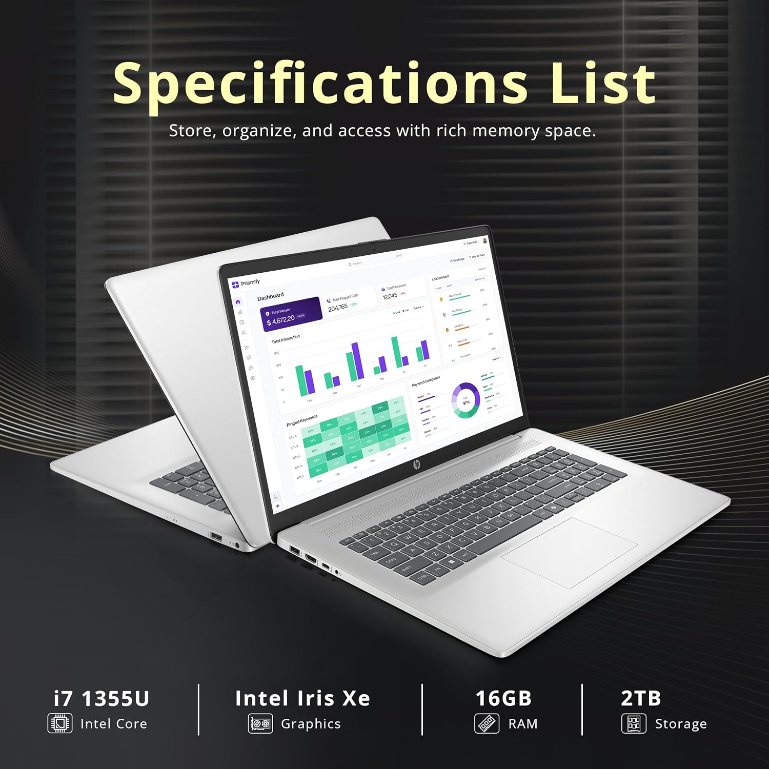 HP 17.3' FHD Business Laptop, Intel i7-1355U, 16GB RAM, 2TB Storage (1TB SSD+1TB Docking Station Set), Intel Iris Xe Graphics, Full-Size Keyboard, Copilot, Wi-Fi 6, Webcam, Windows 11 Pro, Silver