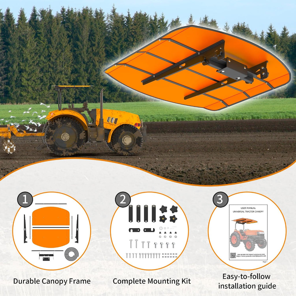 Orange Tractor Canopy for ROPS 53-3/8' x 53-3/8' – Sunshade Roof for Lawn Mowers, Heavy-Duty Mounting Brackets, Non-Fading High-Density Thermoplastic (Adds About 4' to Tractor Height)