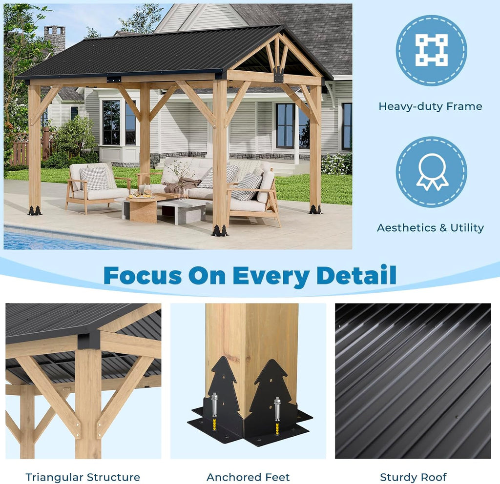 LVUYOYO 10' x 12' Wood Gazebo, Outdoor Hardtop Gazebo, Galvanized Steel Gable Roof Pergola, Outdoor Pavilion for Patio, Backyard, Garden, Deck
