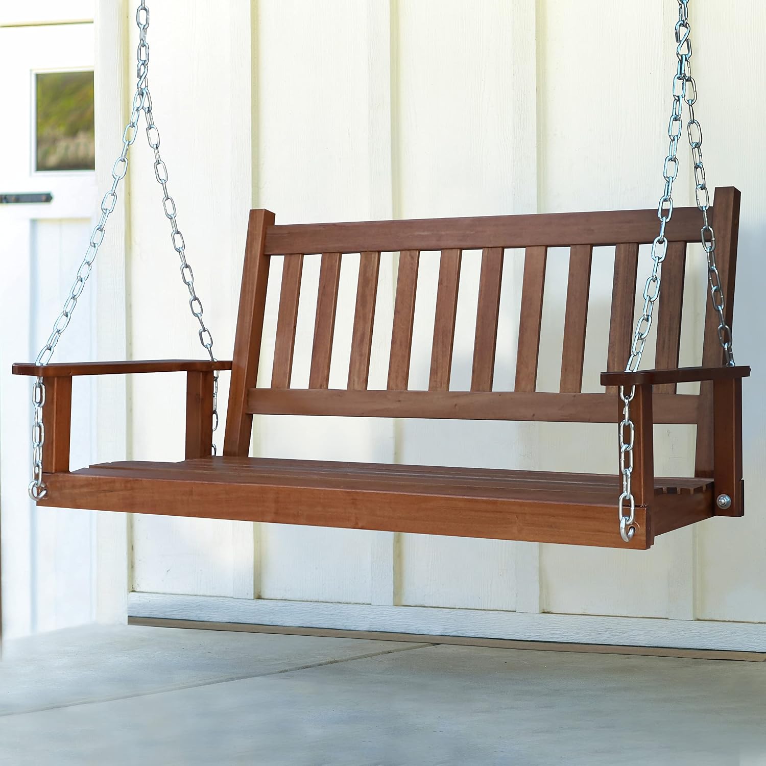 MUPATER Outdoor Patio Hanging Wooden Porch Swing 4FT with Chains, 2-Person Heavy Duty Swing Bench for Garden and Backyard, Wood Brown