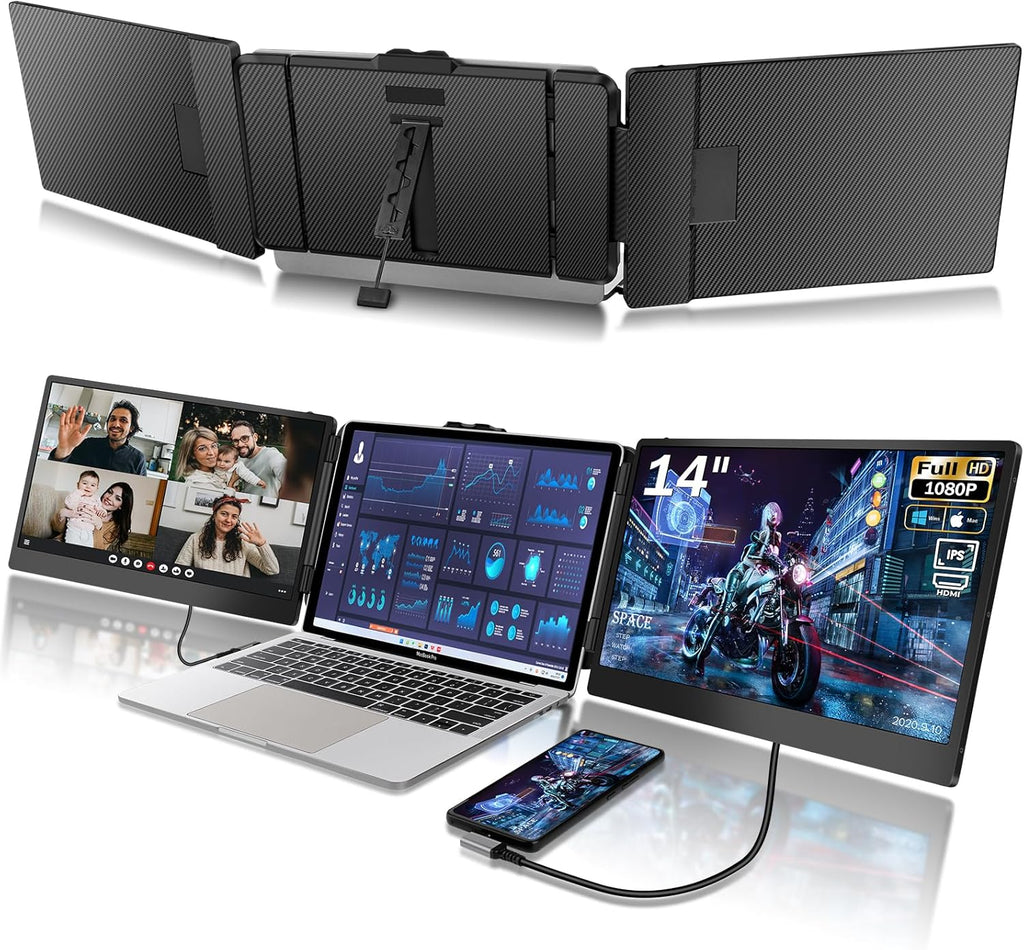 Laptop Screen Extender - 14 Inch 1080p FHD IPS Triple Portable Monitor for 13-17.3 Inch Laptops - Plug and Play Type-C/HDMI for Windows, Mac