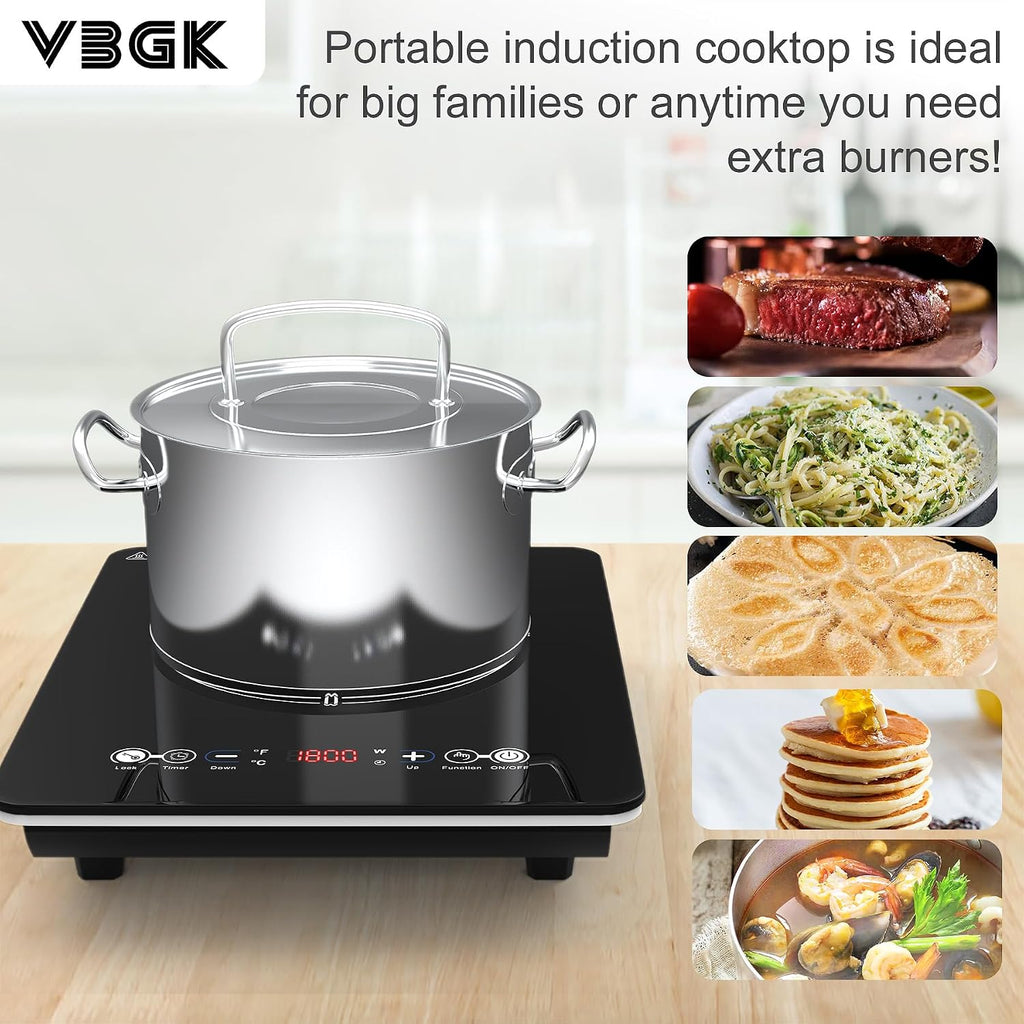 VBGK Portable Induction Cooktop With Ultra Thin Body, Low Noise Hot Plate With 1800W Sensor Touch Single Electric Cooktops Countertop Stove With 9 Temperature & Power Levels, 3-hour Timer, Safety Lock