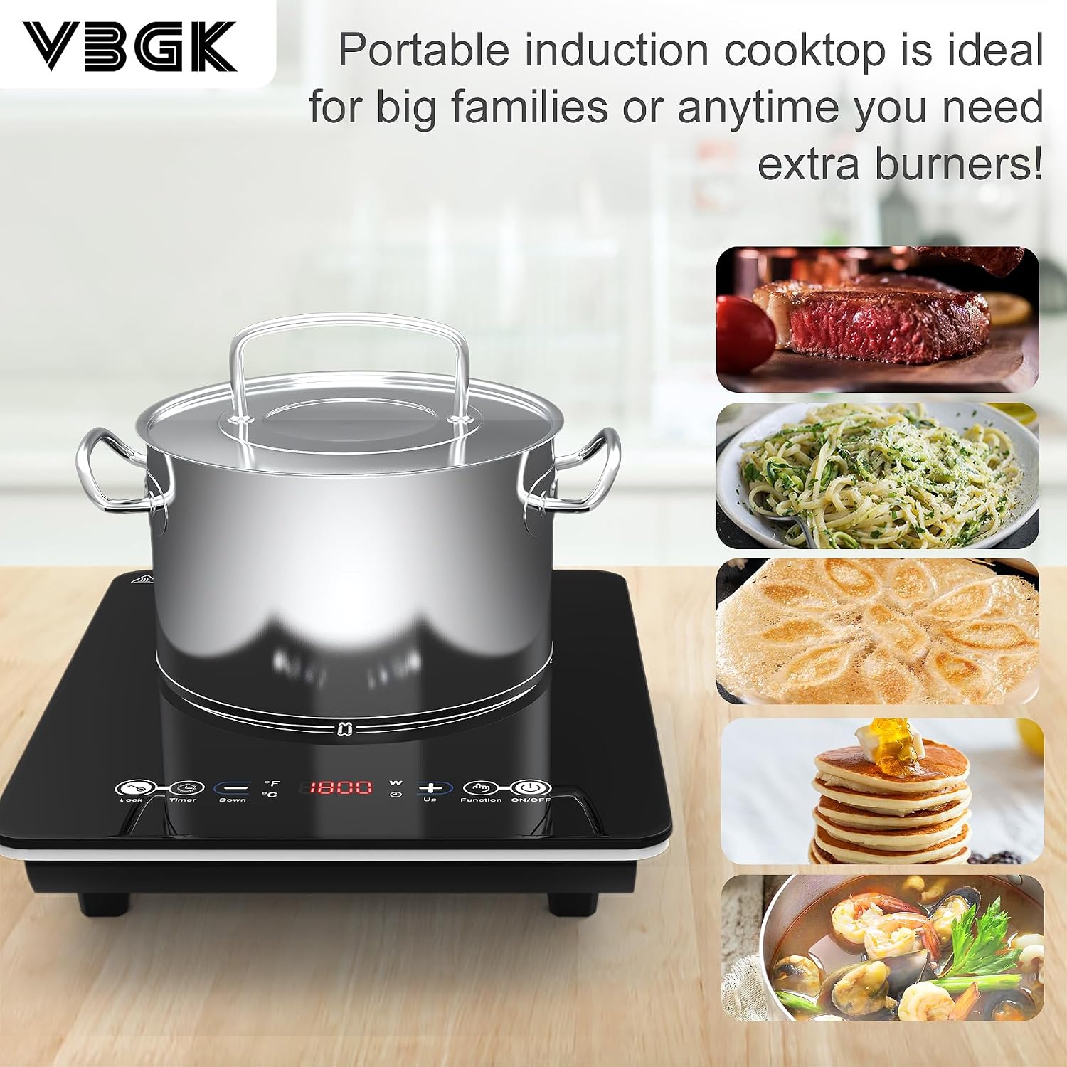 VBGK Portable Induction Cooktop With Ultra Thin Body, Low Noise Hot Plate With 1800W Sensor Touch Single Electric Cooktops Countertop Stove With 9 Temperature & Power Levels, 3-hour Timer, Safety Lock