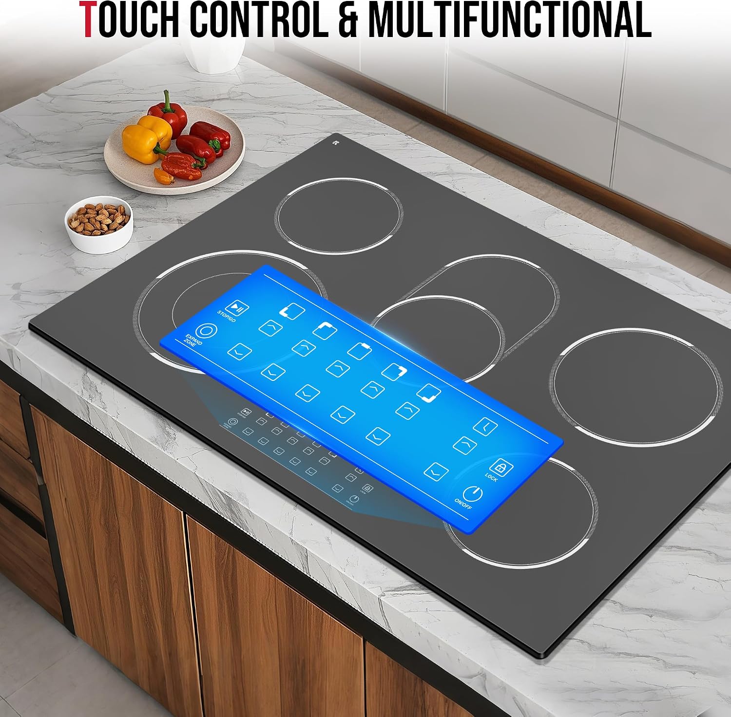 30 Inch Electric Cooktop 5 Burner, 8400W Built-in Electric Stove Top, 30' Ceramic Cooktop with Expanded Zone, Touch Control, Timer, Pause Control, Safety Lock, 220-240V, Hard Wire, No Plug