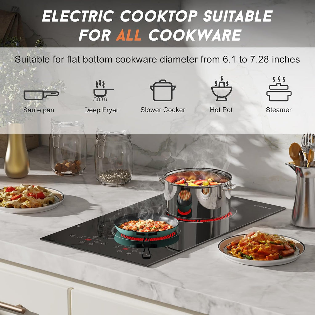 2 Burner Electric Cooktop, 110v Electric Stove with Plug, 12 Inch Countertop & Built-In Portable Electric Stove, 9 Levels of Power, 2000W, Touch Control, Safety Lock, Timer, Pause Function, Karienvir