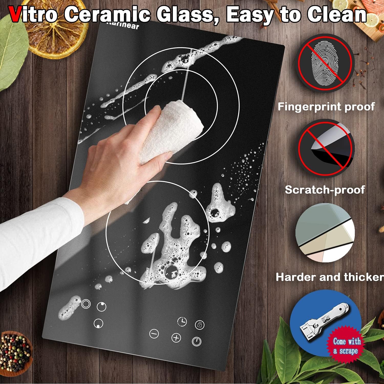 Karinear 2 Burner Electric Cooktop 12 Inch, Drop-in Radiant Cooktop 220v - 240v with Child Safety Lock, Timer, Residual Heat Indicator, 3200W, Hard Wired, No Plug Electric Stove Top