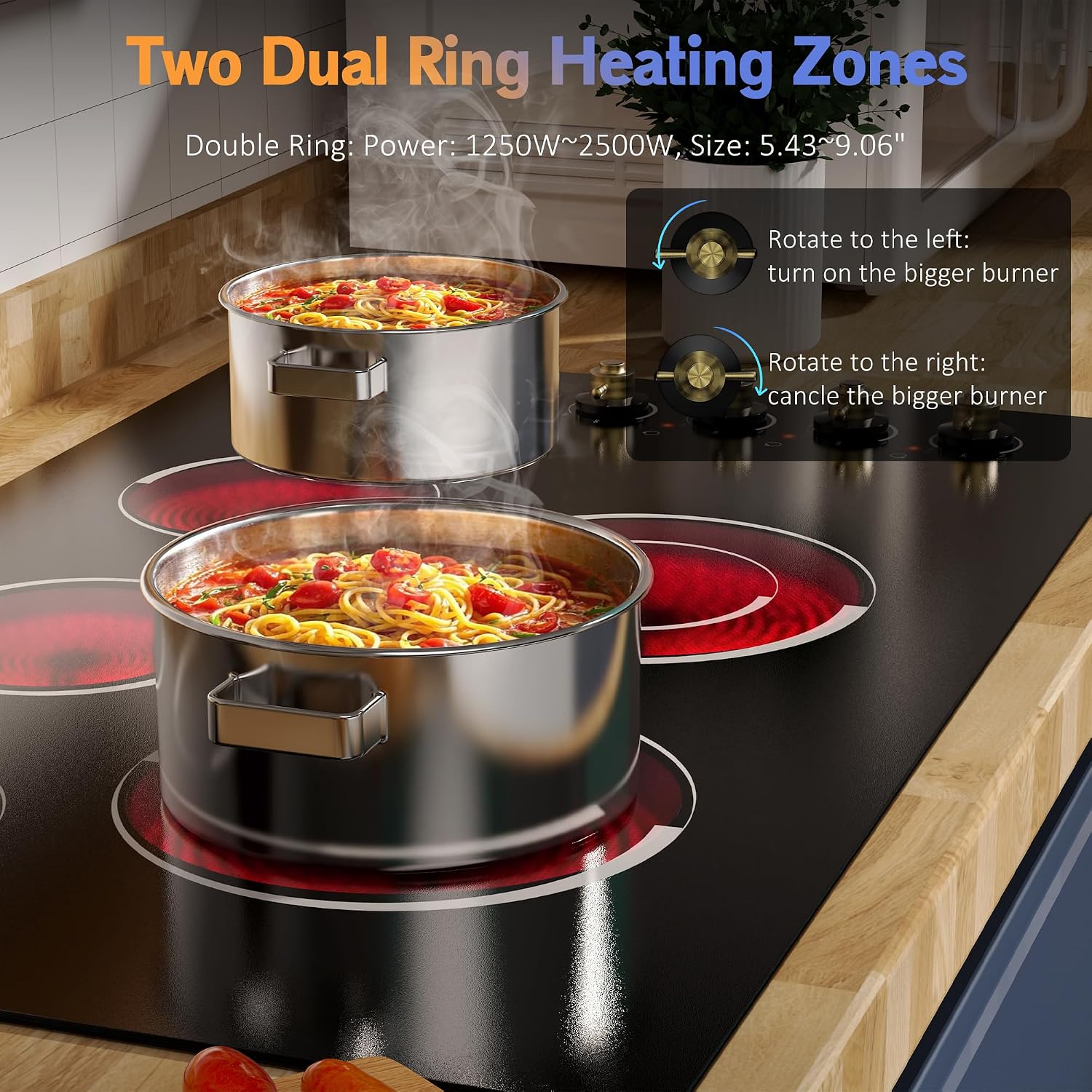Electric Cooktop 36 Inch - Drop-in(34.25'x19.3') 5 Burner Electric Stove Top 8400W High Power, 36' Ceramic Cooktop Stove with Knob Touch, Dual Ring, Overheat Protection, 220-240V Hard Wired