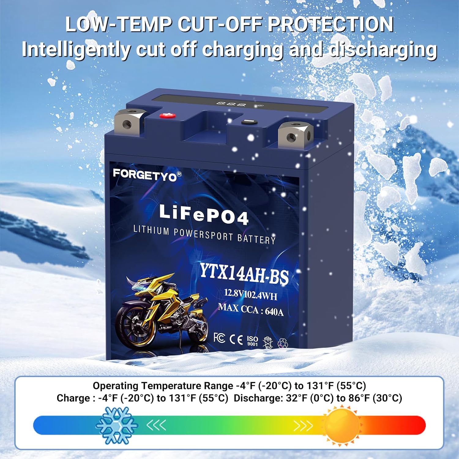 Lithium Motorcycle Battery, Forgetyo YTX14AH-BS 12V 8AH 640A LiFePO4 Lithium Battery, ATV, UTV, Jet Ski Battery