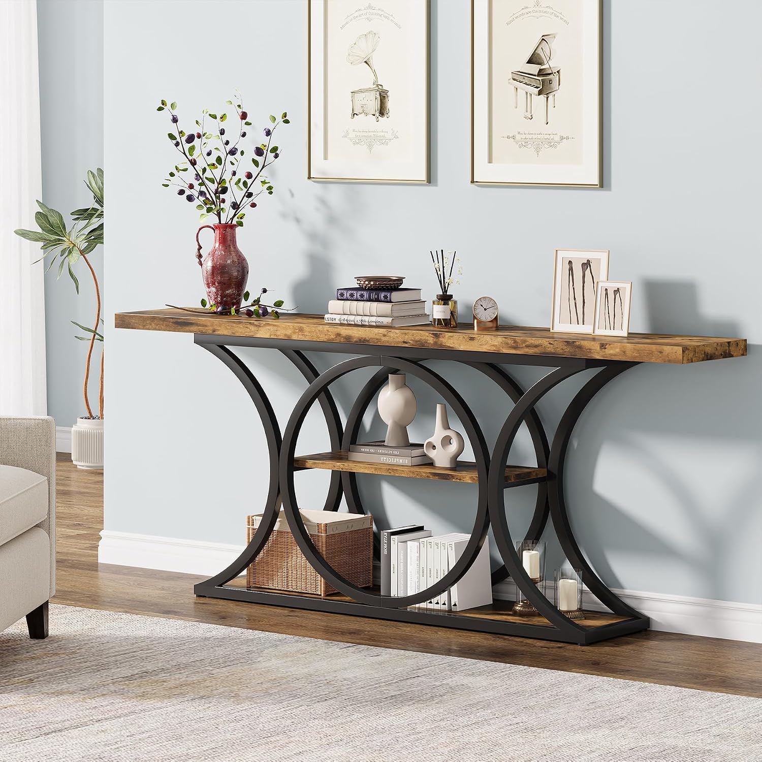 63 inch Extra Long Sofa Table, Rustic Industrial Entry Console Table, Behind Couch Table with Black Metal Frame, 3 Tier Storage Shelves for Hallway, Entryway & Living Room, Brown & Black