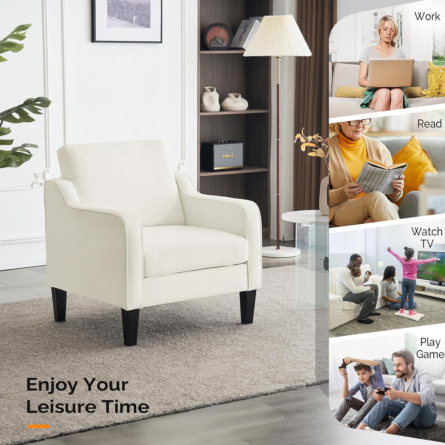 VINGLI Living Room Chairs White Accent Chair Soft Chenille Comfy Arm Chair Mid Century Modern Sofa Chair for Small Spaces Bedroom, Home Offfice, Apartment, Lounge (Creamy White)