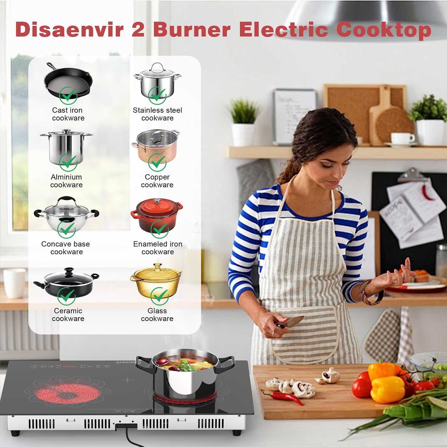 2 Burner Electric Cooktop - 24 Inch Electric Stove Built-in(23'x13') and Countertop(24'x14'), Two Burner Ceramic Cook Top with Child Lock, Timer, Sensor Touch Control, 110V Plug in