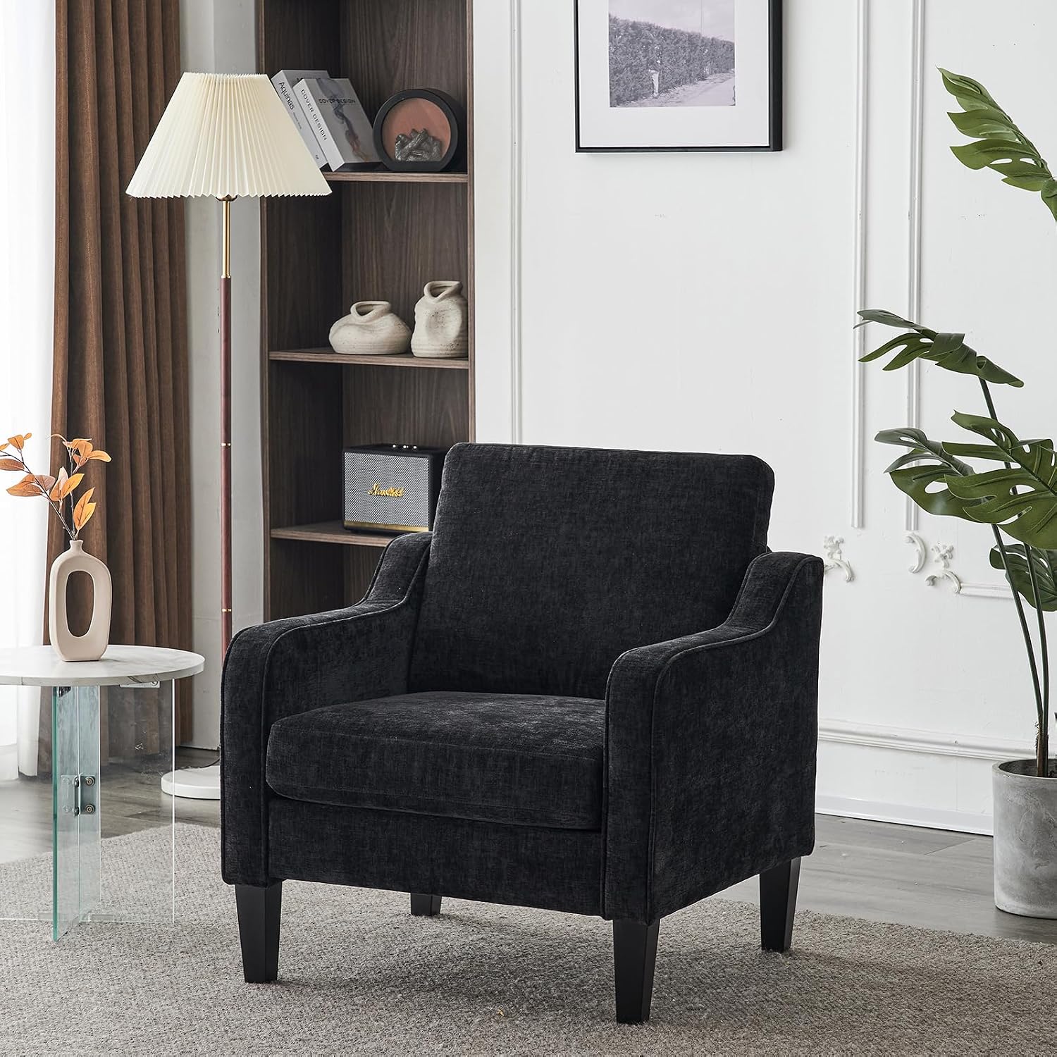 VINGLI Mid-Century Modern Accent Chair, Black Chenille, 30' (W) x 30.7' (D) x 33' (H), 1 Seat, 380 lbs Weight Capacity