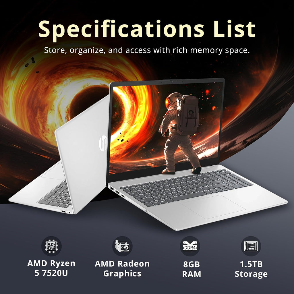 HP 15.6' FHD Touchscreen Laptop, AMD Ryzen 5 7520U, 8GB LPDDR5, 1.5TB Storage (512GB SSD+1TB Docking Station Set), AMD Radeon Graphics, Full-Size Keyboard, Copilot, Wi-Fi 6, Windows 11 Pro, Silver