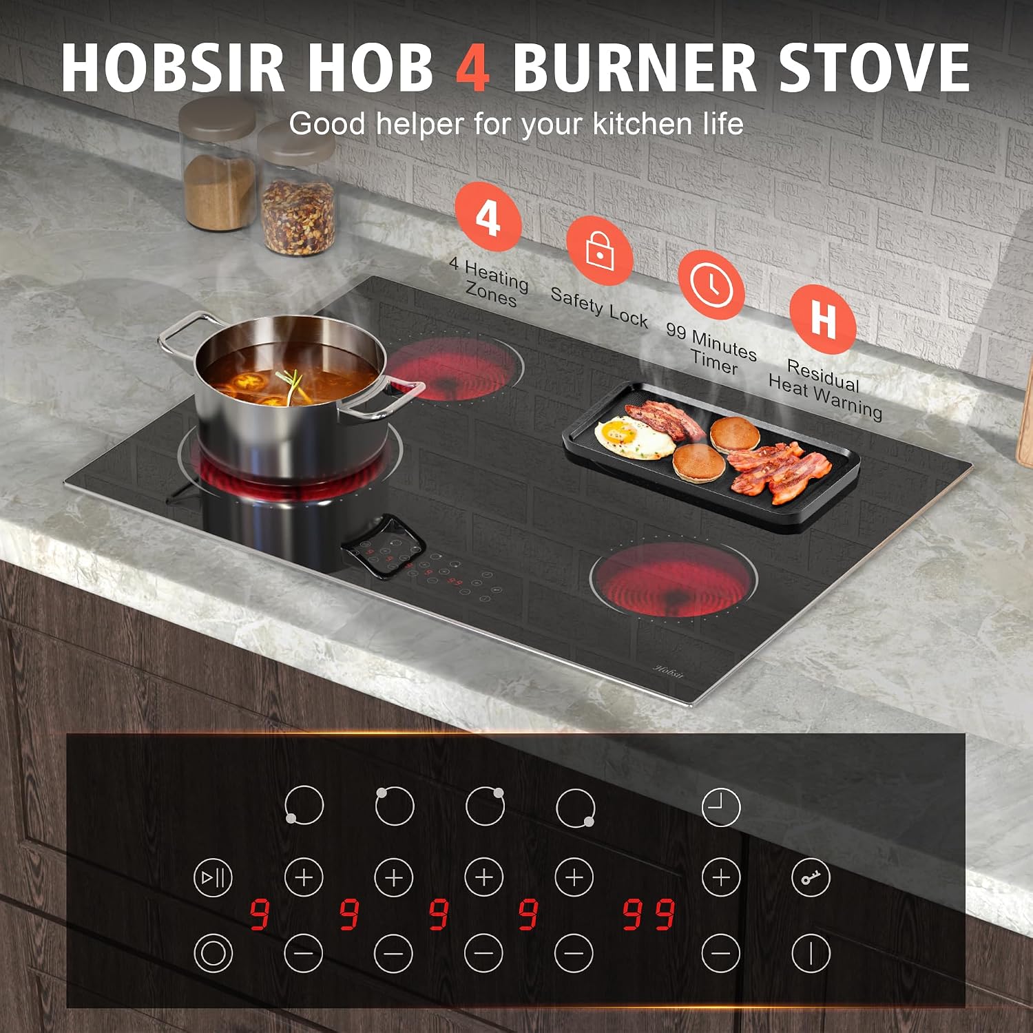 Hobsir 30 Inch Electric Cooktop, 4 Burners Cooktop, Electric Stove Top Burner, 6800W Drop-in Ceramic Stove Top with Glass Metal Frame, Timer, Safety Lock, 220-240V, Hard Wired (No Plug) Cooktops