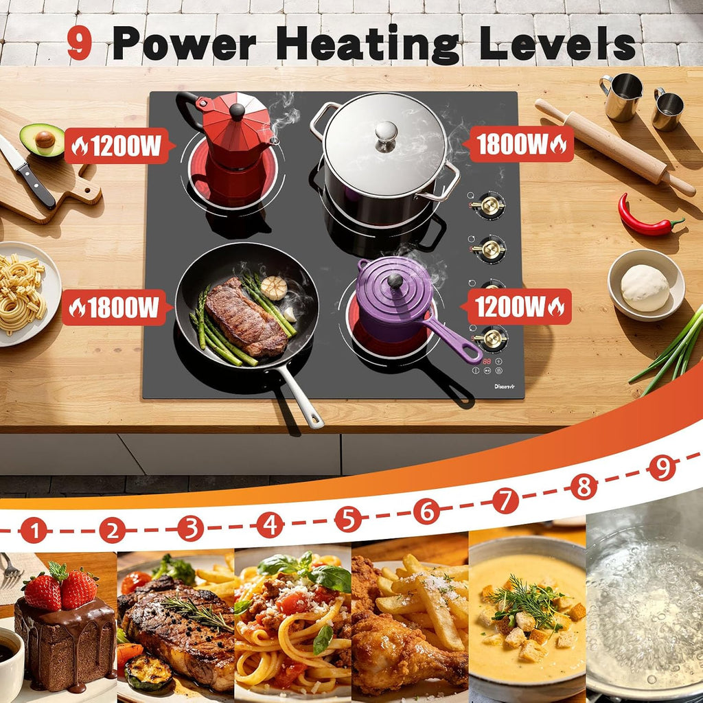 24 Inch Electric Cooktop - 4 Burner Drop-in(22.05'x19.3') Ceramic Stove Top 6000W, 220V Electric Stove, 9 Power Level, Pause, Safety Lock, Touch & Knob Control, 240V Hard Wired (No Plug)