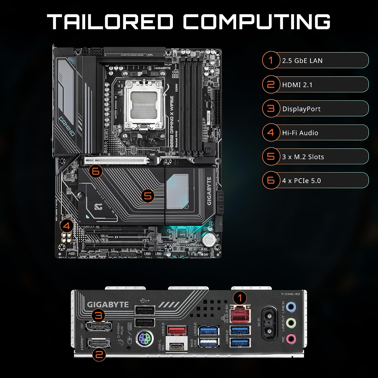 GIGABYTE B850 Gaming X WIFI6E AMD AM5 ATX Motherboard, Support AMD Ryzen 9000/8000/7000 Series, DDR5, 12+2+2 Power Phase, 3X M.2, PCIe 5.0, USB-C, WIFI6E, 2.5GbE LAN, EZ-Latch, 5-Year Warranty