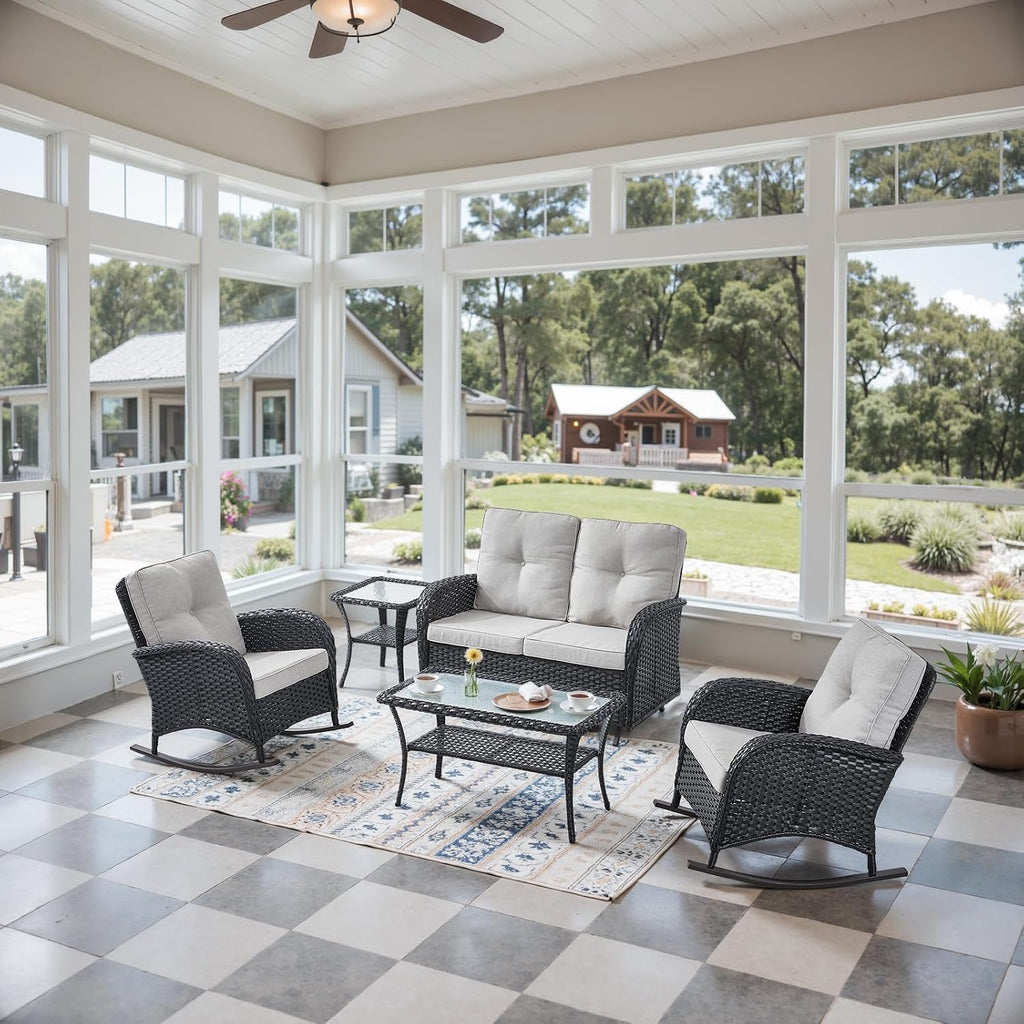 Belord 5 Piece Outdoor Conversation Patio Furniture Set - All-Weather Wicker Patio Rocking Chairs with Loveseat Glider Chair and Coffee Table for Patio Deck Porch Backyard Black Wicker