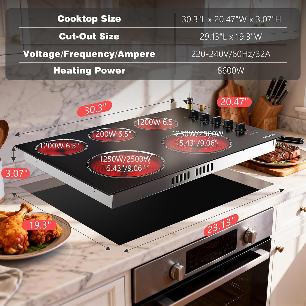 Upgraded 30 Inch Electric Cooktop 5 Burners - Powerful 8600W Built-in(29.13'x19.3') Electrical Stovetop, Electric Burner 30 In Knob Control, 99 MinsTimer, Safety Lock, 220-240V Hard Wire