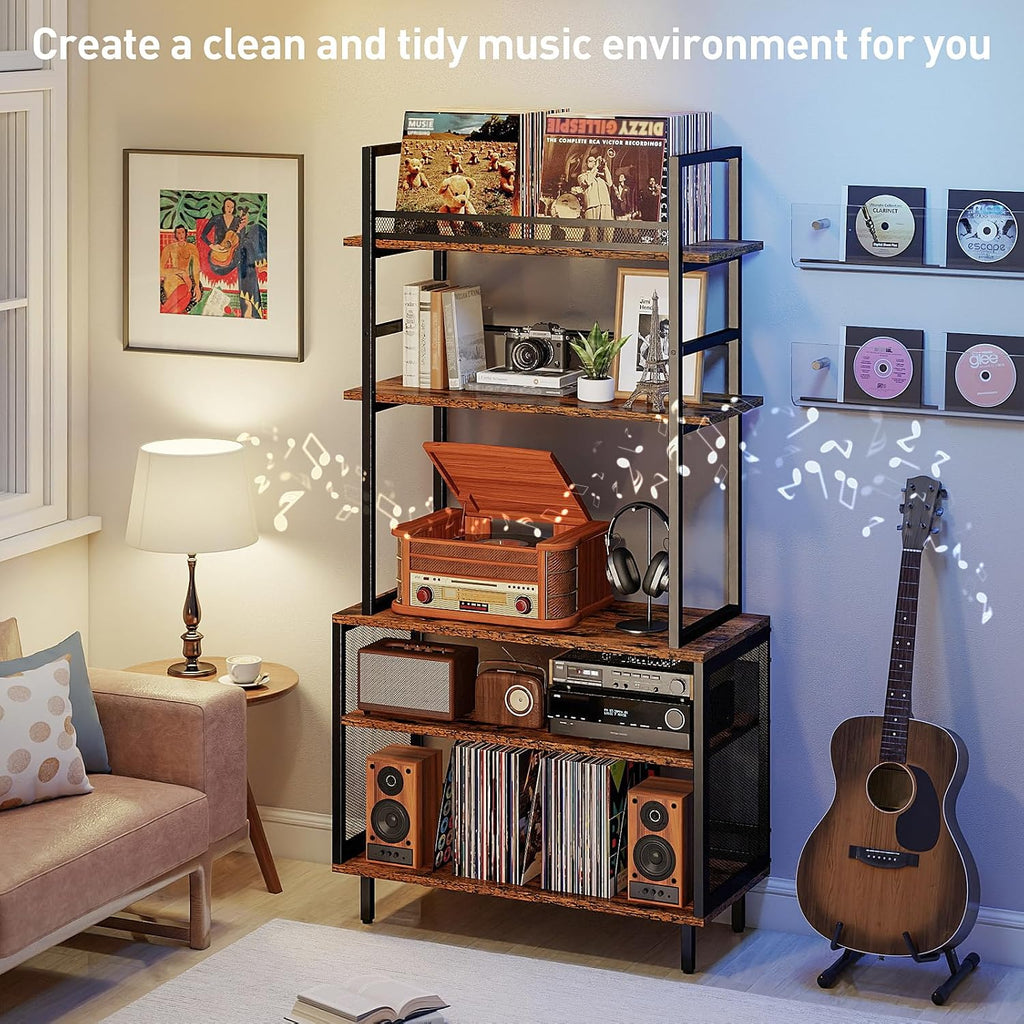 ikkle Record Player Stand with Vinyl Storage Shelf, 5-Tier Large Record Player Table with Storage Rack, Turntable Stand Vinyl Record Cabinet Organizer for Living Room Bedroom, Holds Up 400+ Albums