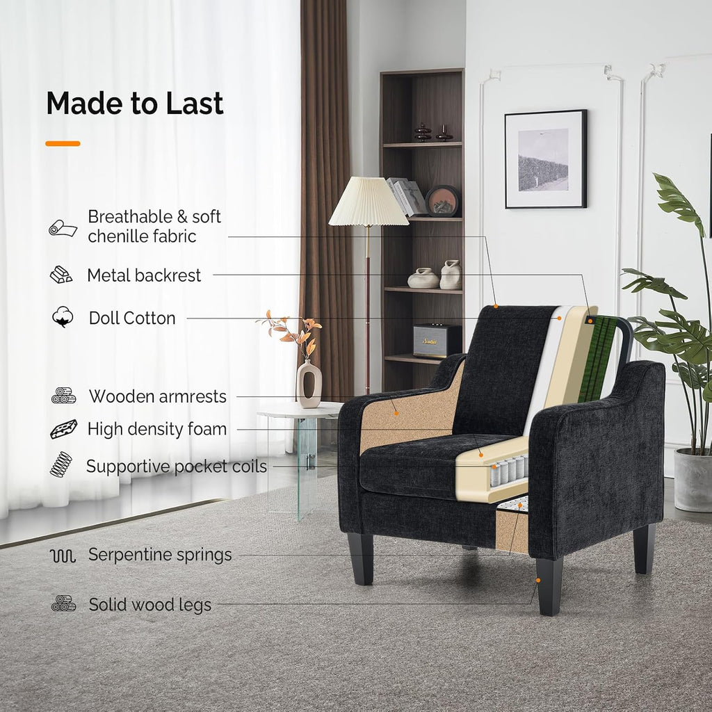 VINGLI Mid-Century Modern Accent Chair, Black Chenille, 30' (W) x 30.7' (D) x 33' (H), 1 Seat, 380 lbs Weight Capacity