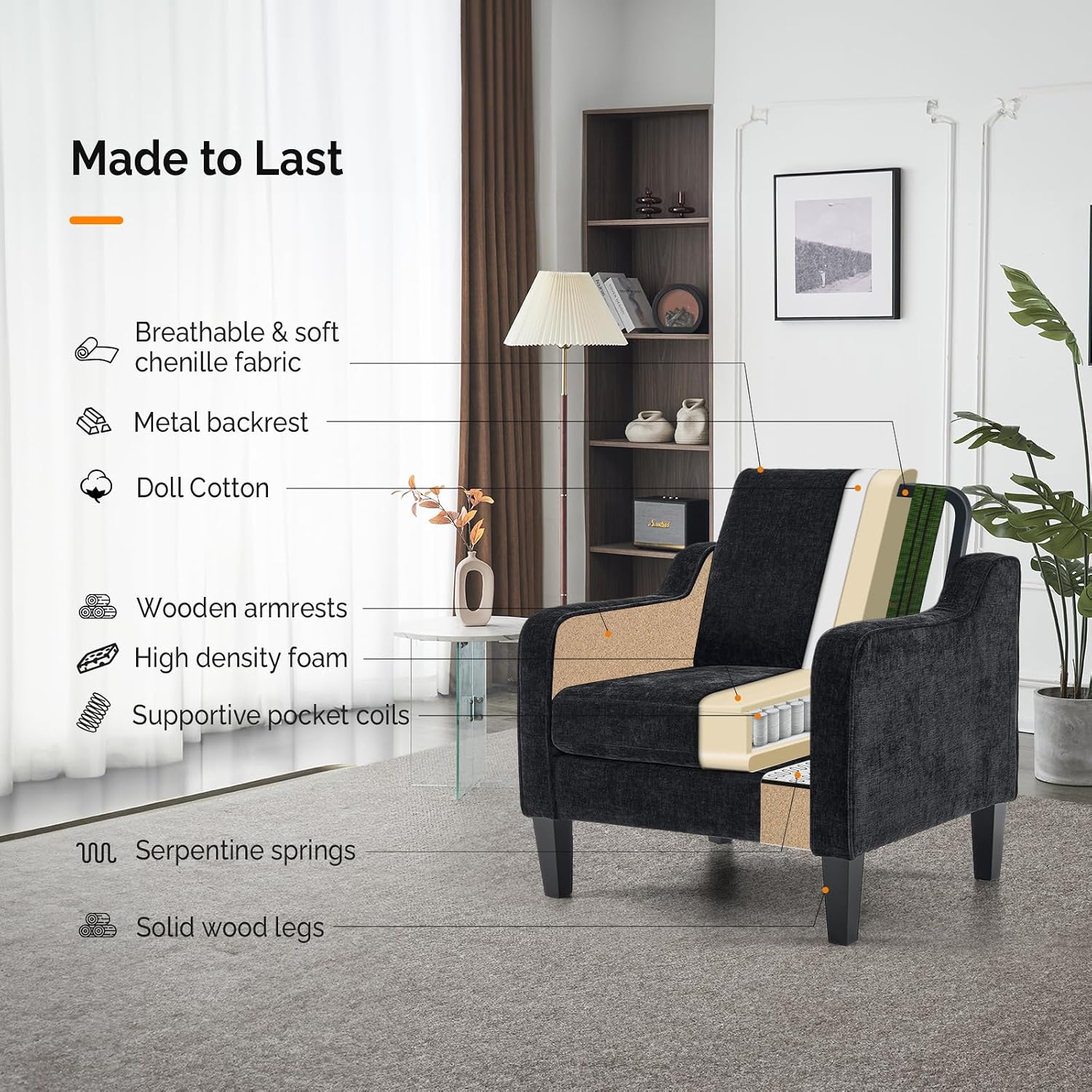 VINGLI Mid-Century Modern Accent Chair, Black Chenille, 30' (W) x 30.7' (D) x 33' (H), 1 Seat, 380 lbs Weight Capacity
