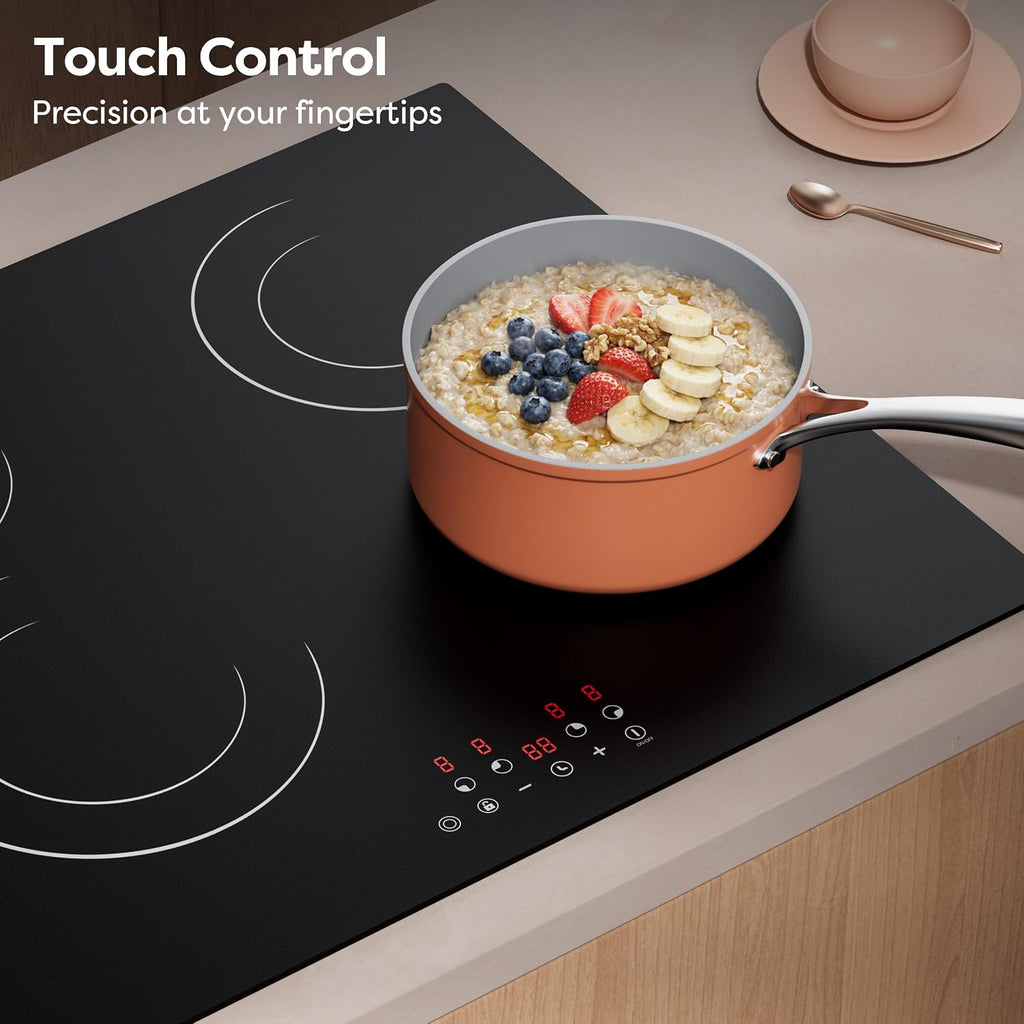 CDV 4 Burner Electric Cooktop 24 Inch, 6600W Built-in Ceramic Electric Stove Top, 220-240v Radiant Cooktop with Child Lock, Touch Control, Multiple Safety Protection, Hard Wire (No Plug)