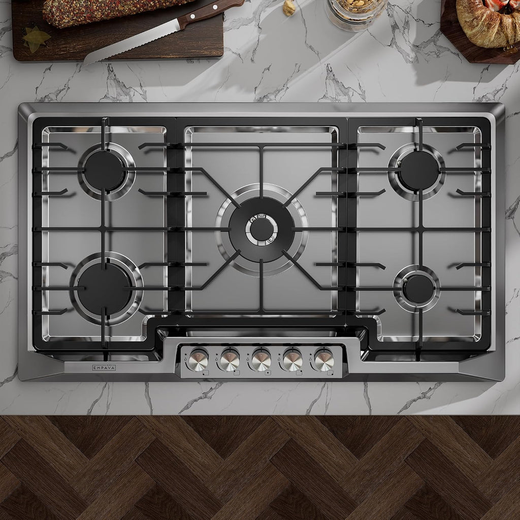 Empava 36 Inch Gas Stove Cooktop 5 Italy Sabaf Sealed Burners NG/LPG Convertible in Stainless Steel