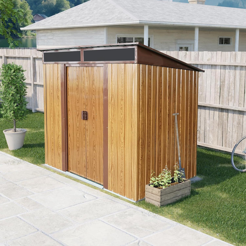 6x5 FT Outdoor Storage Shed, Metal Garden Shed with Frame Floor, Outside Tool Shed with Lockable Sliding Doors, Waterproof Storage Building with Sloped Roof for Backyard, Patio, Lawn, Coffee