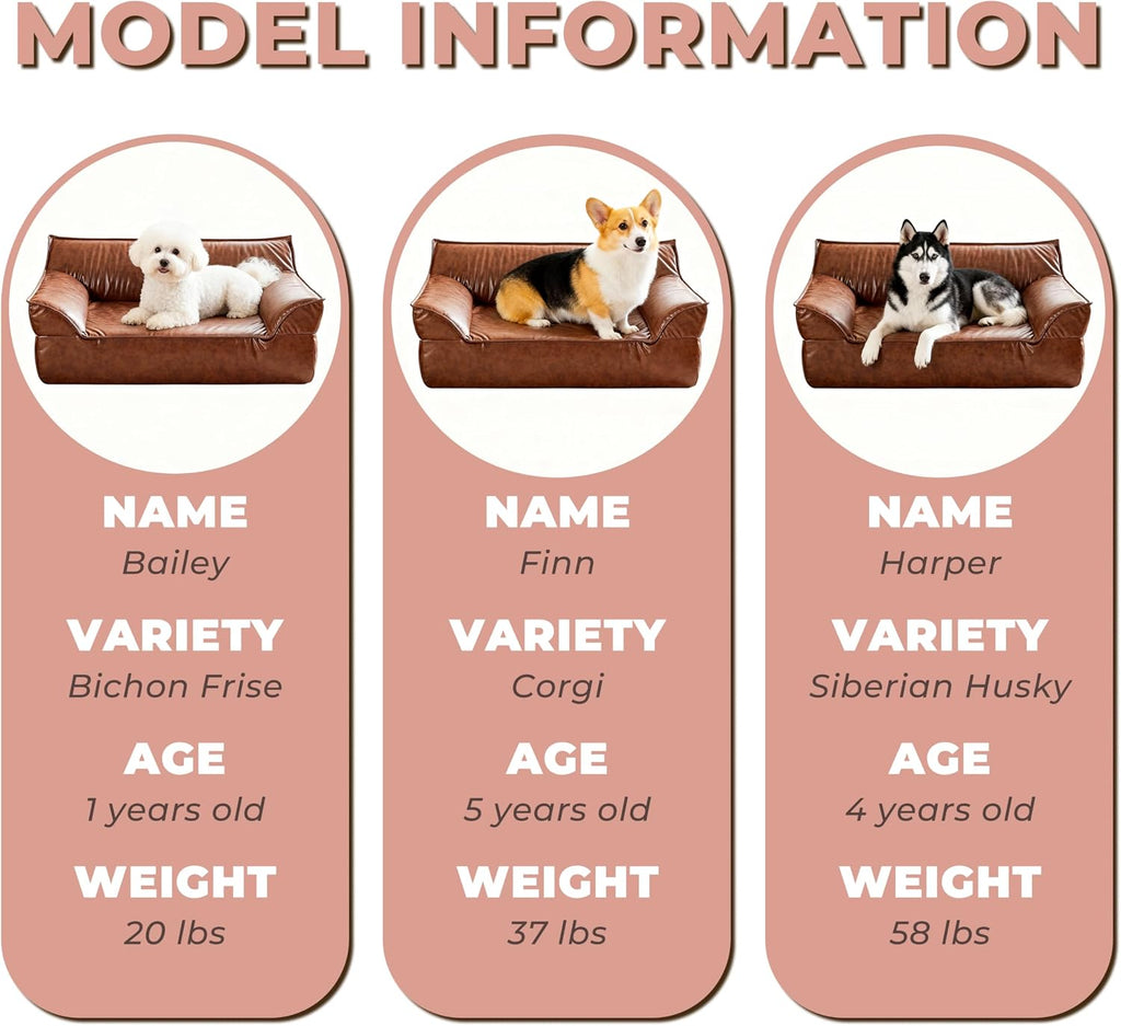 Large Leather Dog Bed Couch for Large and Medium Dogs Under 70 lbs, Brown Luxurious Vintage Elevated Dog Sofa Chaise Indoor Furniture Style Pet Supplies Low Maintenance
