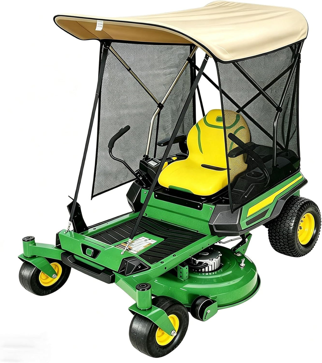 Zero Turn Lawn Mower Canopy with Removable High-Visibility UV Sunshade Curtain, Heavy Duty Beige Sun Shade & Rainproof Cover, 67 Inch Adjustable Nylon Strap Aluminum Alloy Bracket-with Curtain