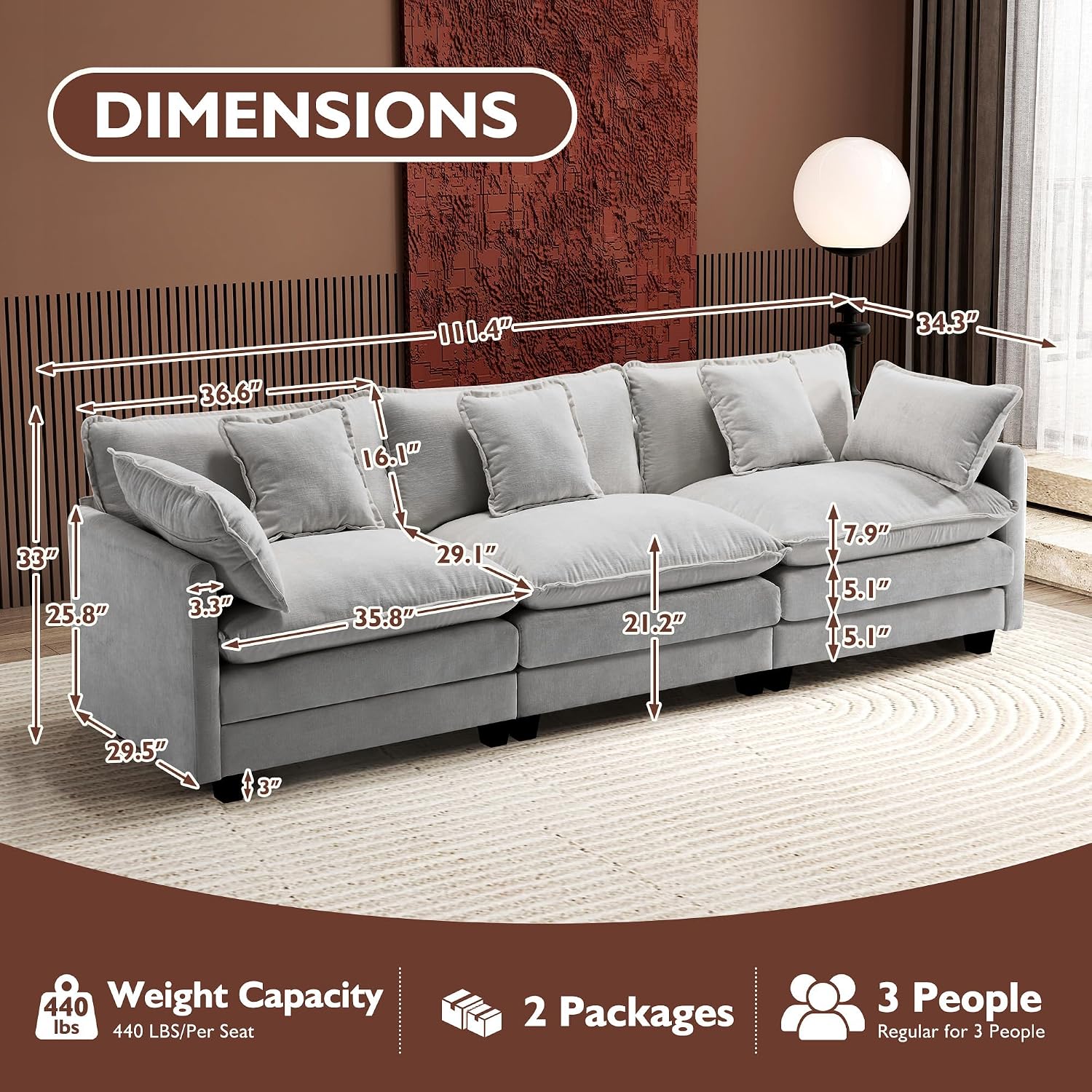 Ihanherry 111.4 Inch 3-Seater Cloud Sofa, Modular Sectional Couch, Modern Deep Seat Sofa for Living Room, Comfy Double Layer Upholstered Seat Cushion, Breathable Chenille Fabric, Grey