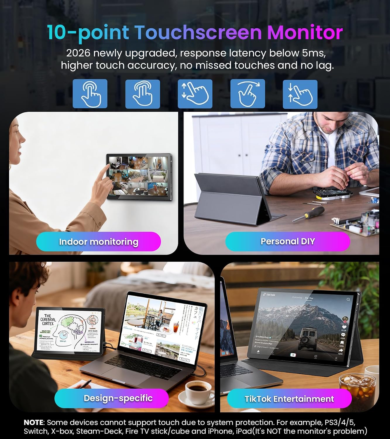 10.1 Portable Touchscreen Monitor - 1920×1200 FHD IPS 16:10,100% sRGB 1500:1,10-Point Touch Diaplay with Speaker HDMI USB-C VESA Magnetic Case for Travel Mac PC Xbox PS4/5 Loptop Phone(dark black)