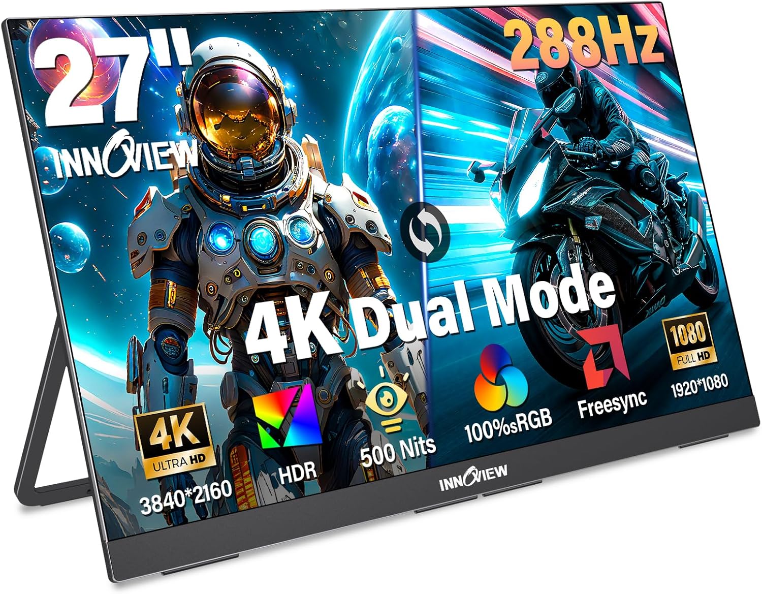 InnoView 27 Inch Monitor Dual Mode 4K UHD 120Hz/FHD 288Hz Portable Monitor for Laptop, USB-C, HDMI Computer Display HDR IPS Gaming Monitor, Kickstand, Speakers, for PC, MAC, Phone, PS4, Xbox, Switch