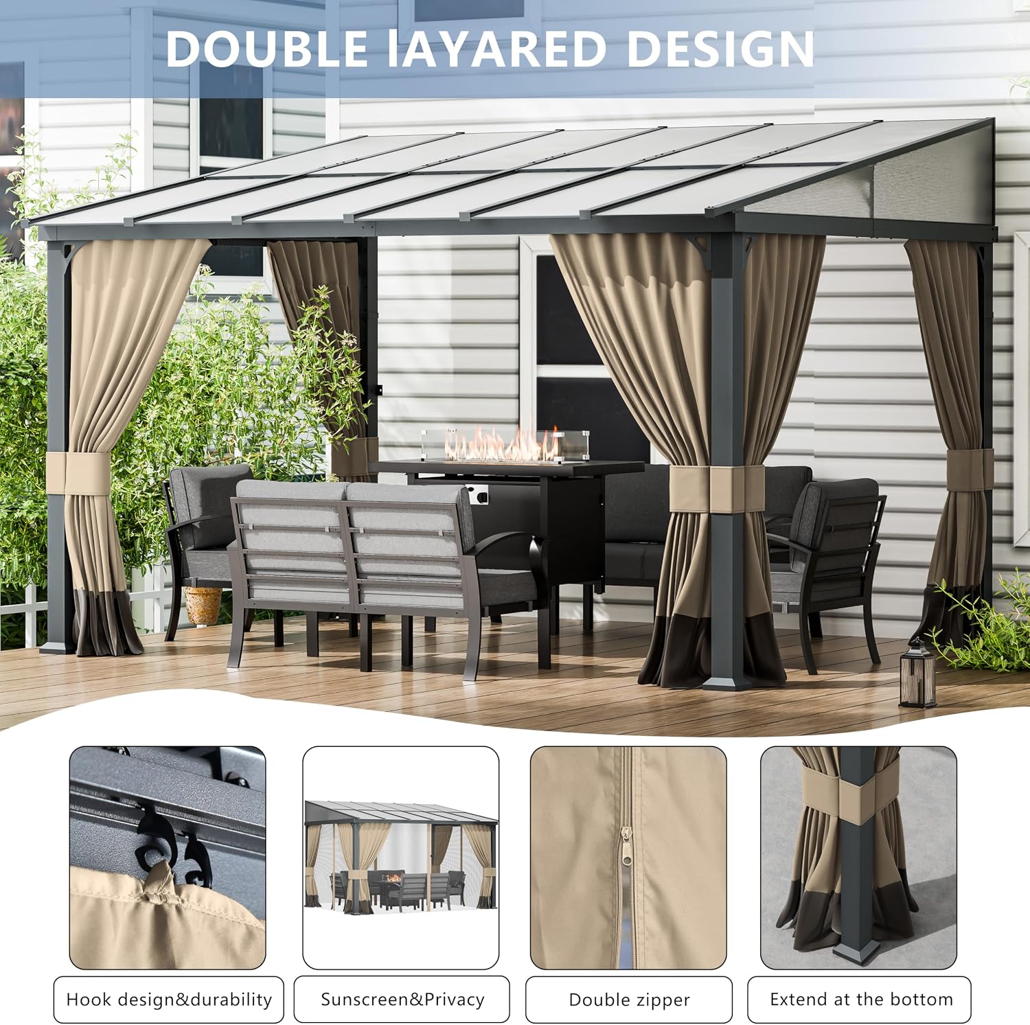 10x12FT Gazebo, Hardtop Wall Mounted Gazebo with Sloping Sun Panel Roof, Awnings for Patio with Metal Frame, Double Curtains for Garden, Lawn, Backyard Deck, Sand