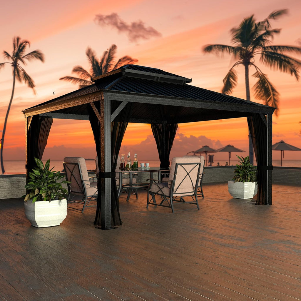 BlueWish 10x14 FT Hardtop Gazebo Canopy with Double Galvanized Steel Roof, Aluminum Frame Gazebos, Permanent Outdoor Pavilion with Textilene Mesh Netting for Patio, Backyard, Garden, Black