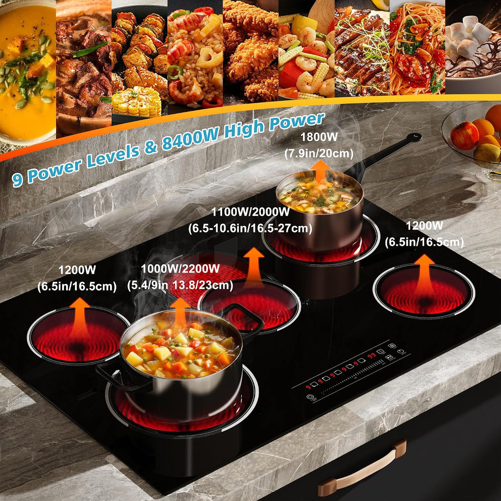 5 Burner Electric Cooktop, 30 Inch 8400W Built-in Electric Stovetop, Glass Ceramic Cooktop with Expanded Zone, Slide Touch Control, Child Lock, Timer, Pause, 220V - 240V Hard Wire, No Plug