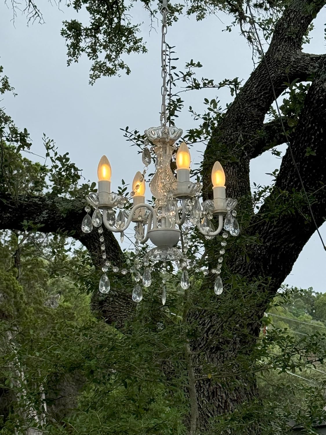 Outdoor 4 Light Plug-in Crystal White Chandelier H17'xW15', White Metal Frame, Clear Acrylic Crystals, and Low Voltage (12 Volts) IP65 Water Resistant Electrical Components