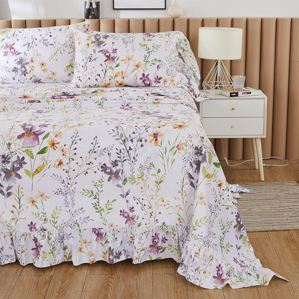 ABREEZE Floral Bedding Shabby Purple Print Bed Sheet Set Girls Bedding Set Luxury Bedding Collections 1000 Thread Count 100% Egyptian Cotton Deep Pocket Cal.King, 4 Pieces