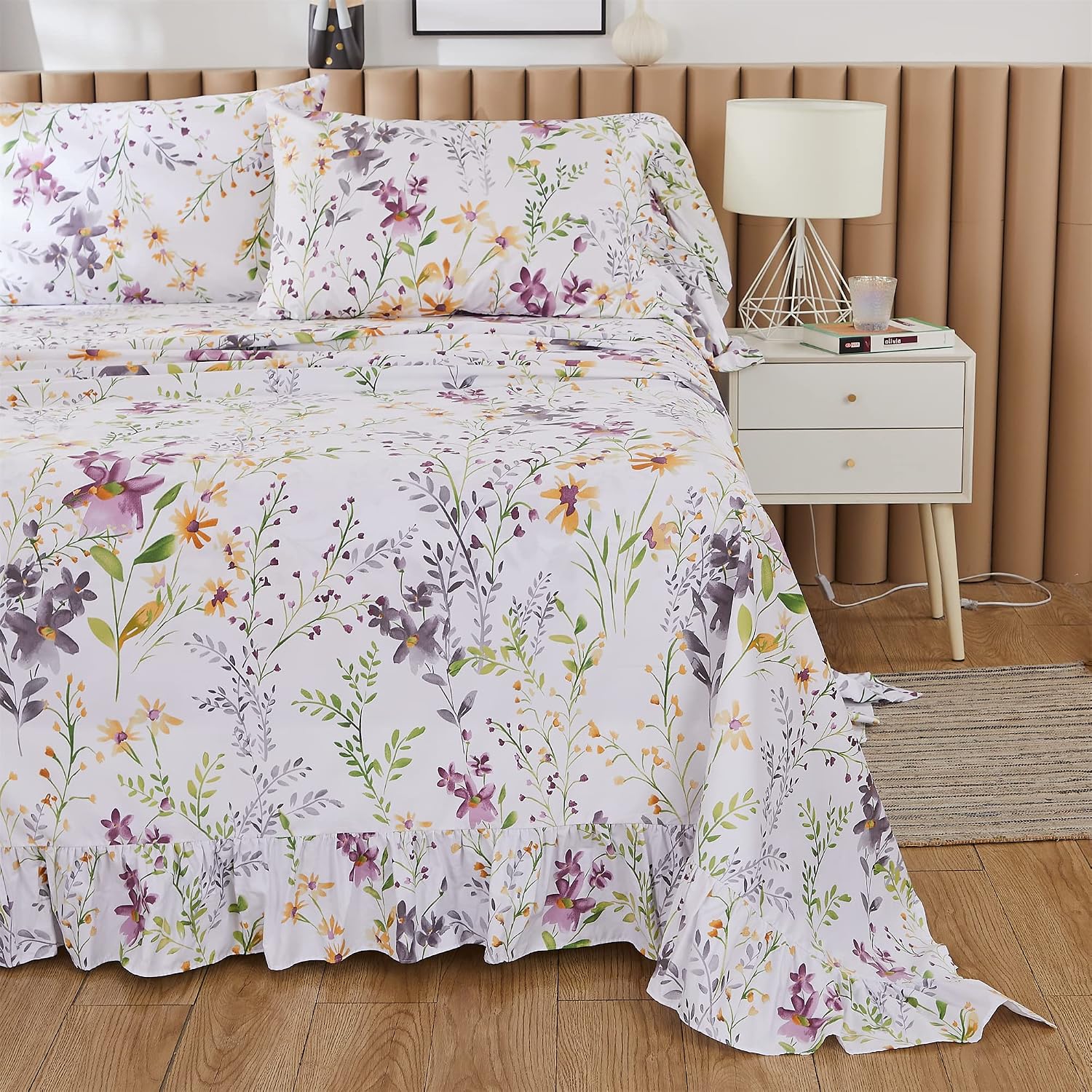 ABREEZE Floral Bedding Shabby Purple Print Bed Sheet Set Girls Bedding Set Luxury Bedding Collections 1000 Thread Count 100% Egyptian Cotton Deep Pocket Cal.King, 4 Pieces