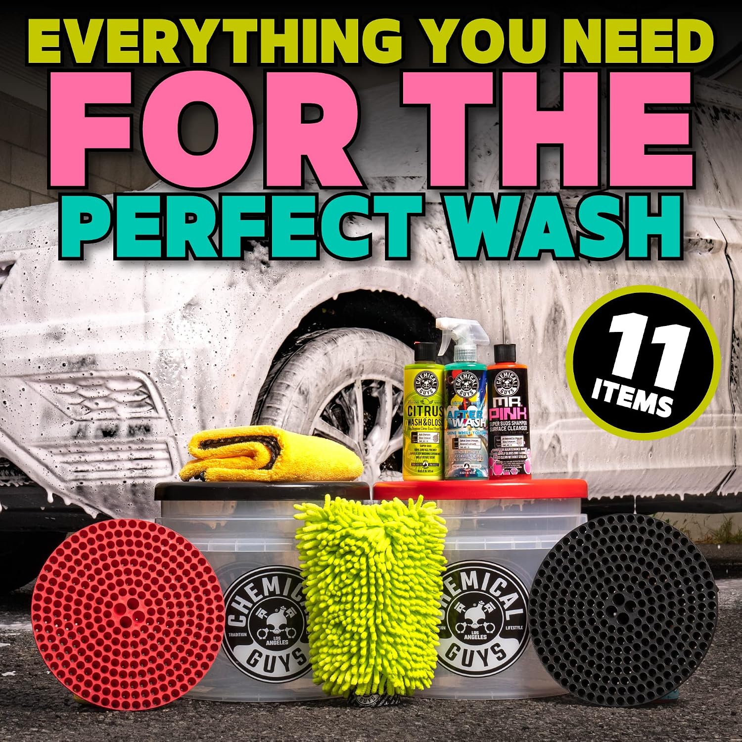 Chemical Guys Two Car Wash Bucket Kit with Dual Dirt Trap Filters, Chenille Wash Mitt, Mr. Pink, Citrus Wash, After Wash, and Drying Towel - 11 Items - Two Bucket Method Complete Setup