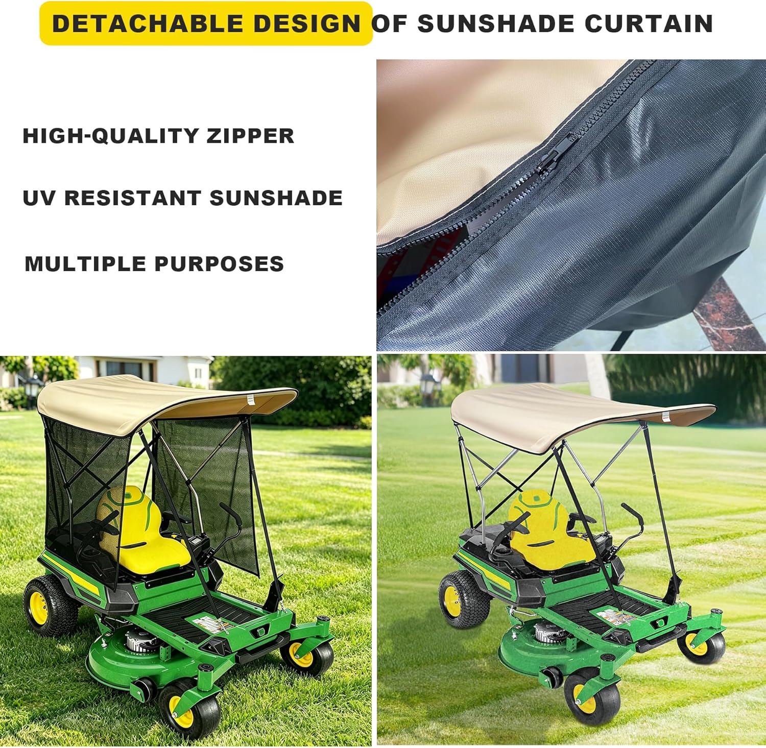 Zero Turn Lawn Mower Canopy with Removable High-Visibility UV Sunshade Curtain, Heavy Duty Beige Sun Shade & Rainproof Cover, 67 Inch Adjustable Nylon Strap Aluminum Alloy Bracket-with Curtain