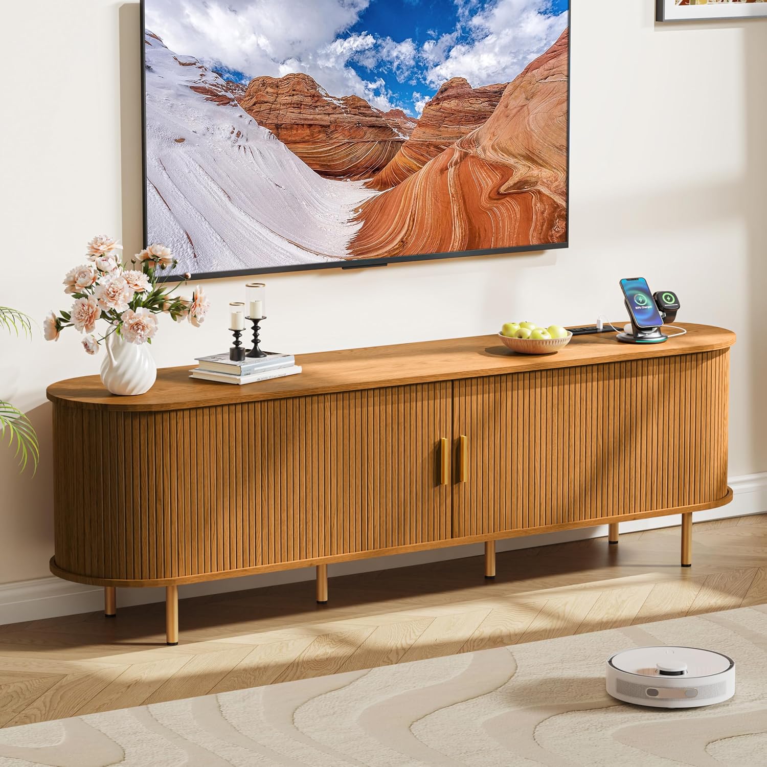 DHH 70.8 Inch Mid Century Modern TV Stand with Power Outlet for TVs up to 80 Inch, Entertainment Center with Storage and Adjustable Shelves, Media Console with Sliding Doors for Living Room(Yellow)