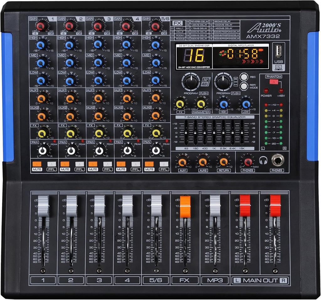 Professional Six-Channel Audio Mixer with USB Interface, Bluetooth, and DSP Sound Effects