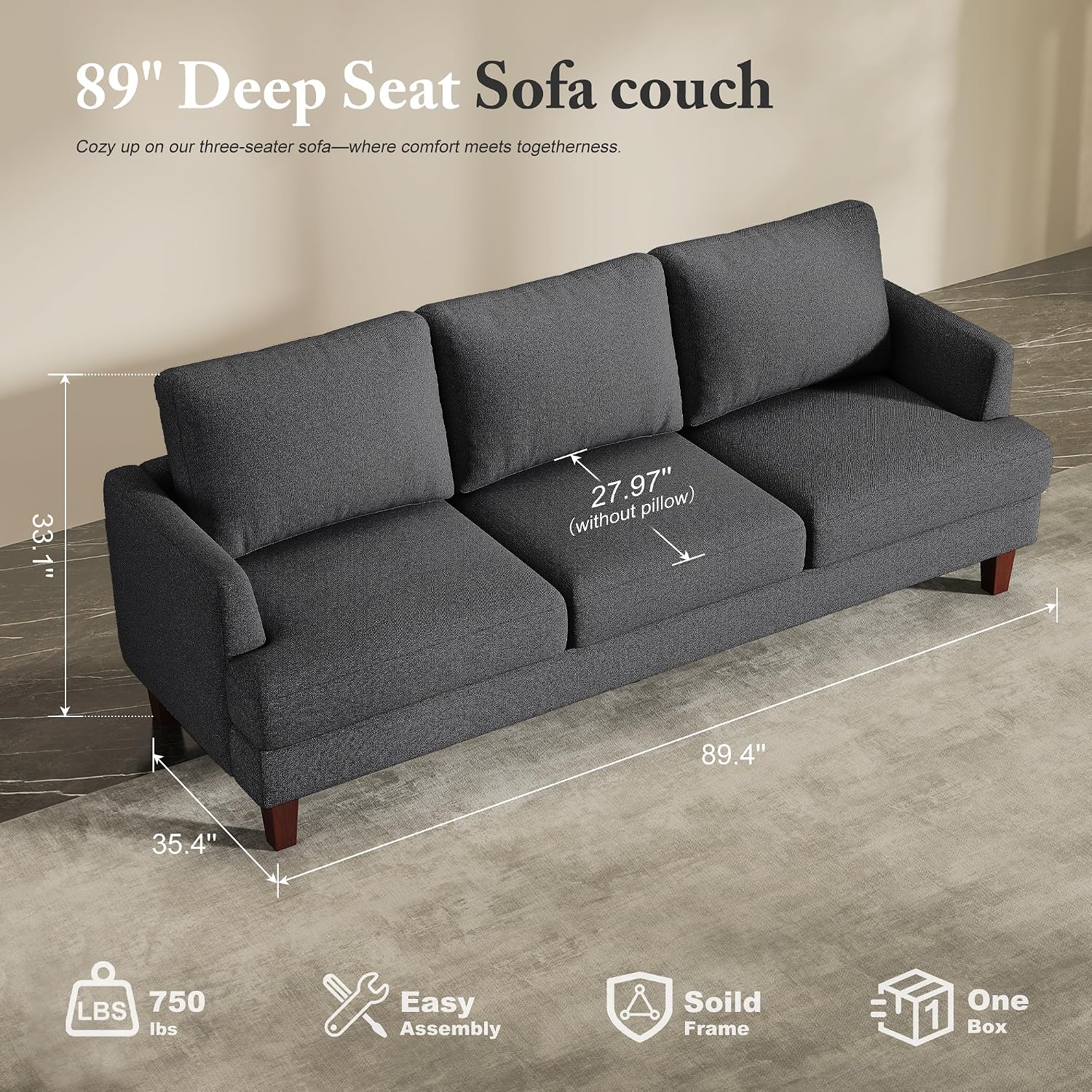 Busaurus 3 Seater Sofa Couch with Deep Seats, 89' Mid Century Modern Upholstered Sofa with Armrests, Comfy Couches for Living Room, Bedroom, Apartment and Office (Dark Grey)