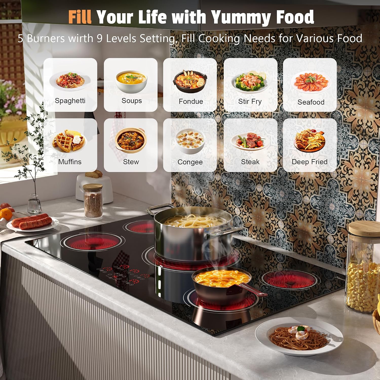 36 Inch Electric Cooktop - 9400W Powerful 5 Burner Electric Stove, 220V Built-in(34.25'x19.3') Ceramic Stove Top 36 Inches with Triple Ring, Timer, Safety Lock, Pause, 220V-240V Hard Wired