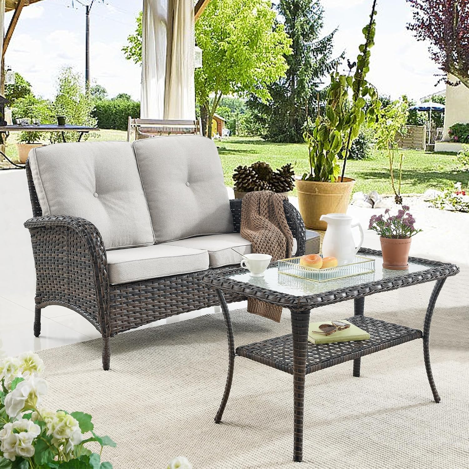 Belord Patio Wicker Furniture with Rocking Chairs Loveseat, 5 Piece Rattan Furniture Outdoor Table and Rocking Chairs Set for Patio Deck Porch Backyard Brwon/Beige