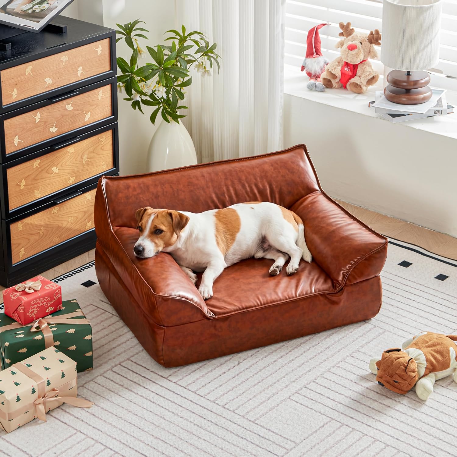 Leather Dog Bed Couch for Small and Medium Dogs Under 50 lbs, Brown Mid Century Modern Elevated Cat Sofa Chair Luxurious Indoor Furniture Style Pet Supplies for Puppy