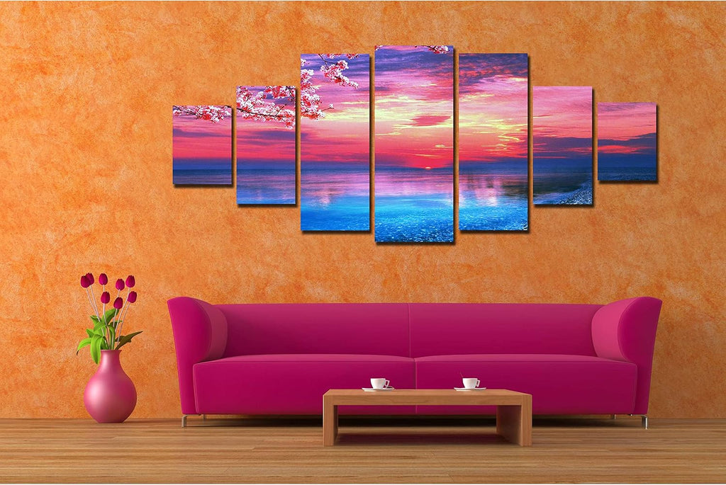 Startonight Huge Canvas Wall Art - Pink Sunset Beach - USA Large Home Decor - Dual View Surprise Artwork Modern Framed Wall Art Set of 7 Panels Total 40' x 95'