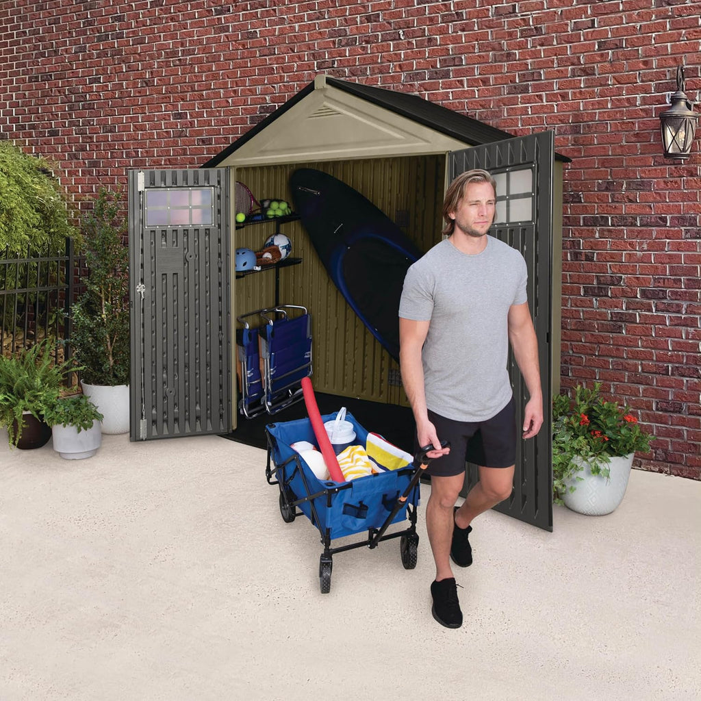 Rubbermaid Resin Outdoor Storage Shed With Floor (7 x 3.5 Ft) Weather Resistant, Brown Gable, Organization for Home/Backyard/Garden Tools/Lawn Mower/Bike Storage/Pool Supplies
